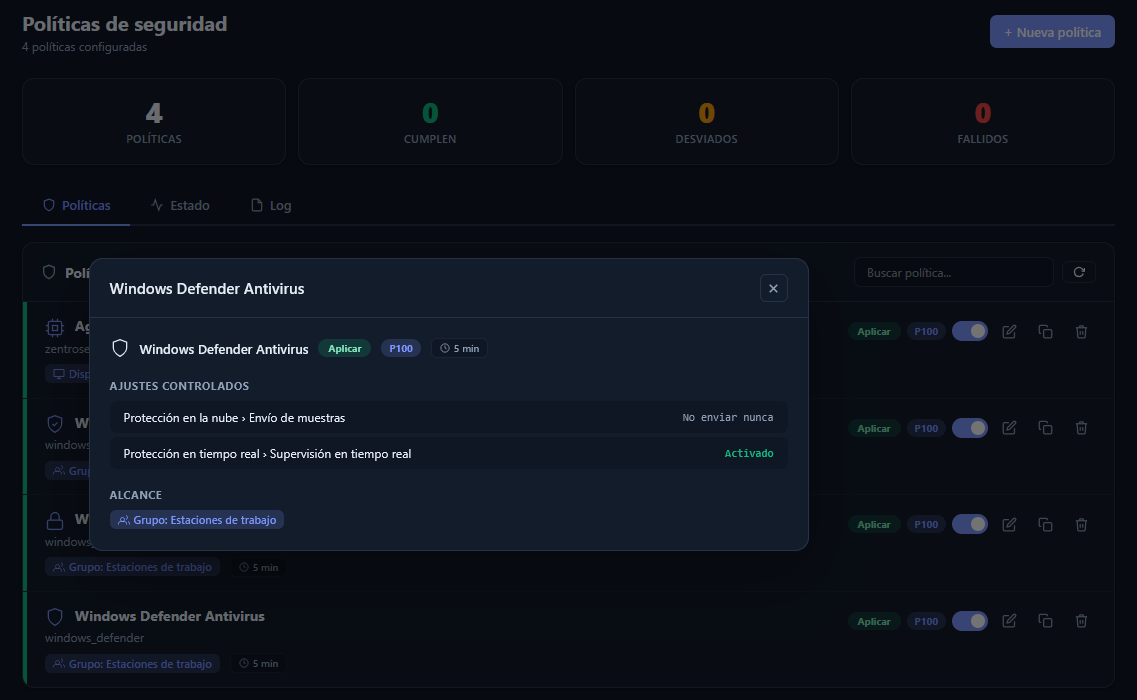 Políticas de seguridad con configuración de Windows Defender