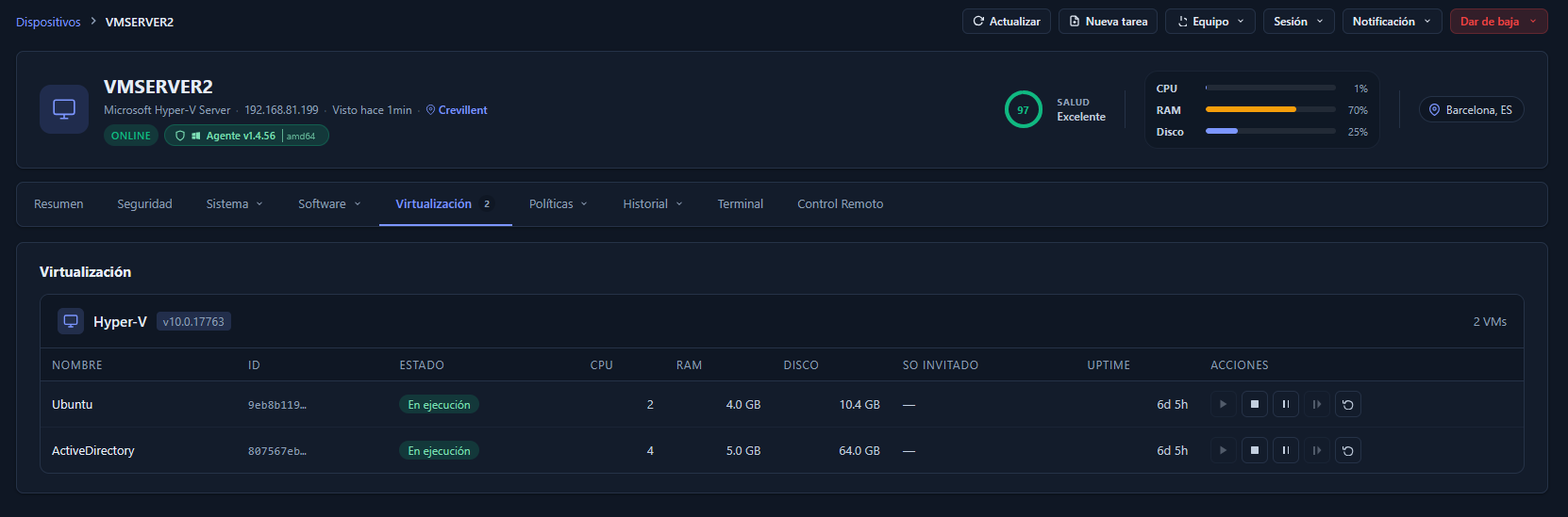 Gestión de máquinas virtuales Hyper-V